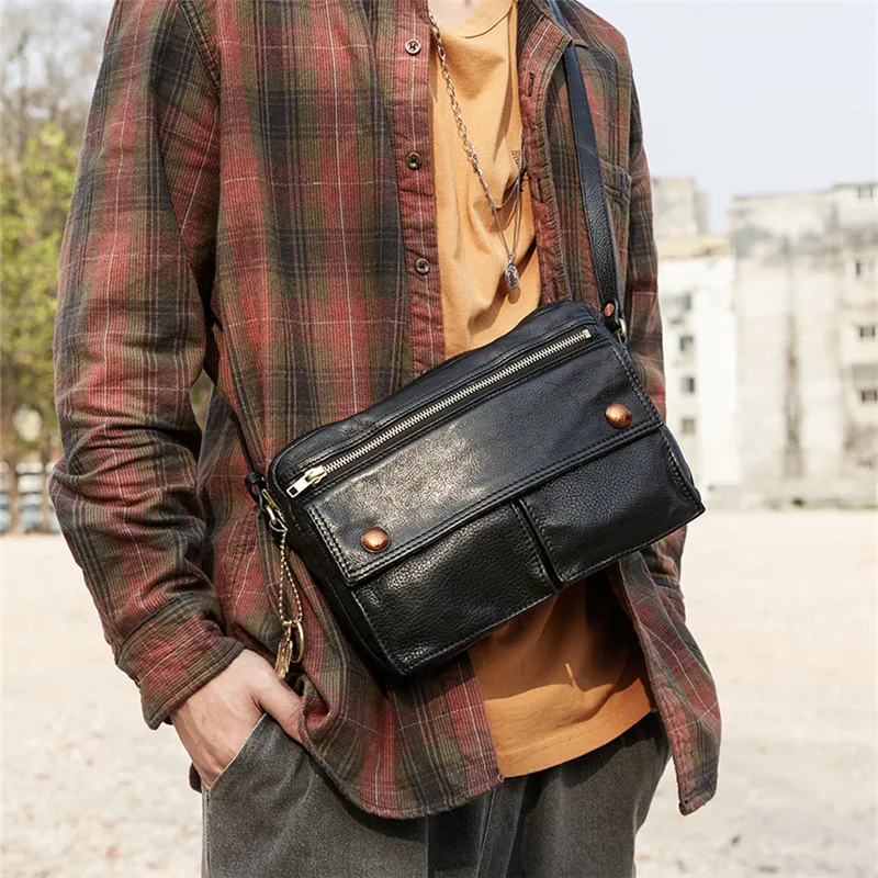 Fashion casual top quality natural genuine leather men crossbody bag outdoor travel daily luxury real cowhide black shoulder bag