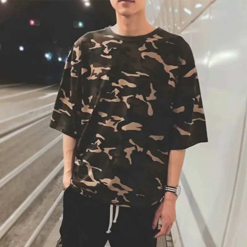 

EBAIHUI Camouflage Short-sleeved T-shirt Men's Hong Kong Style Loose O-neck Tees Korean Version Couple Mid-sleeve Top Fashion