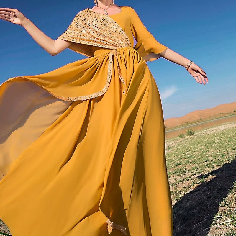 Ramadan Abaya Dubai Arabic Muslim Sequin Evening Party Long Dress African Maxi Dresses for Women Elegant Kaftan Islam Clothing