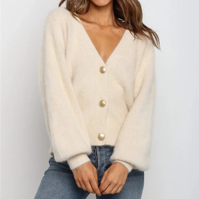 

Casual V-neck Knitted Cardigans Women Lantern Sleeve Mohair Sweater Autumn Winter Female Solid Color Cashmere Jumpers 2022