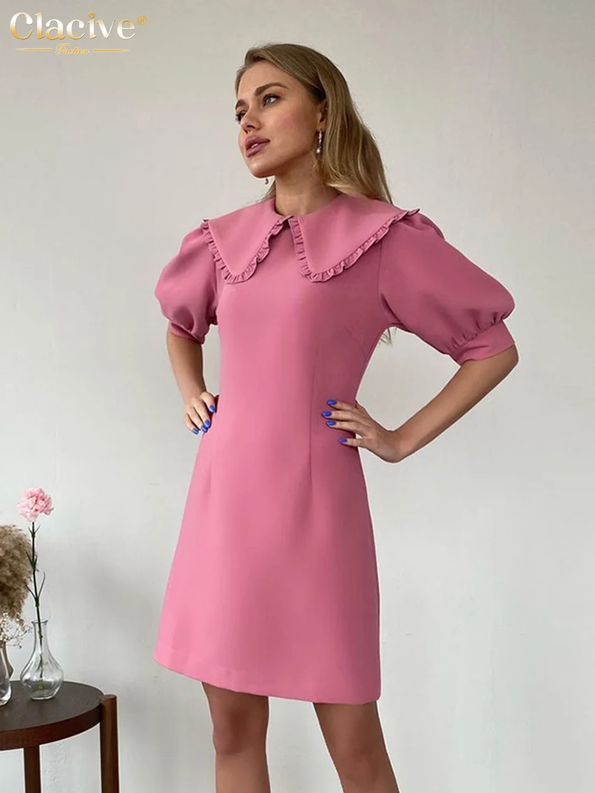 

Clacive Fashion Pink Doll Collar Women'S Summer Dress Elegant Slim Short Sleeve Mini Dresses Bodycon Green Office Female Dress