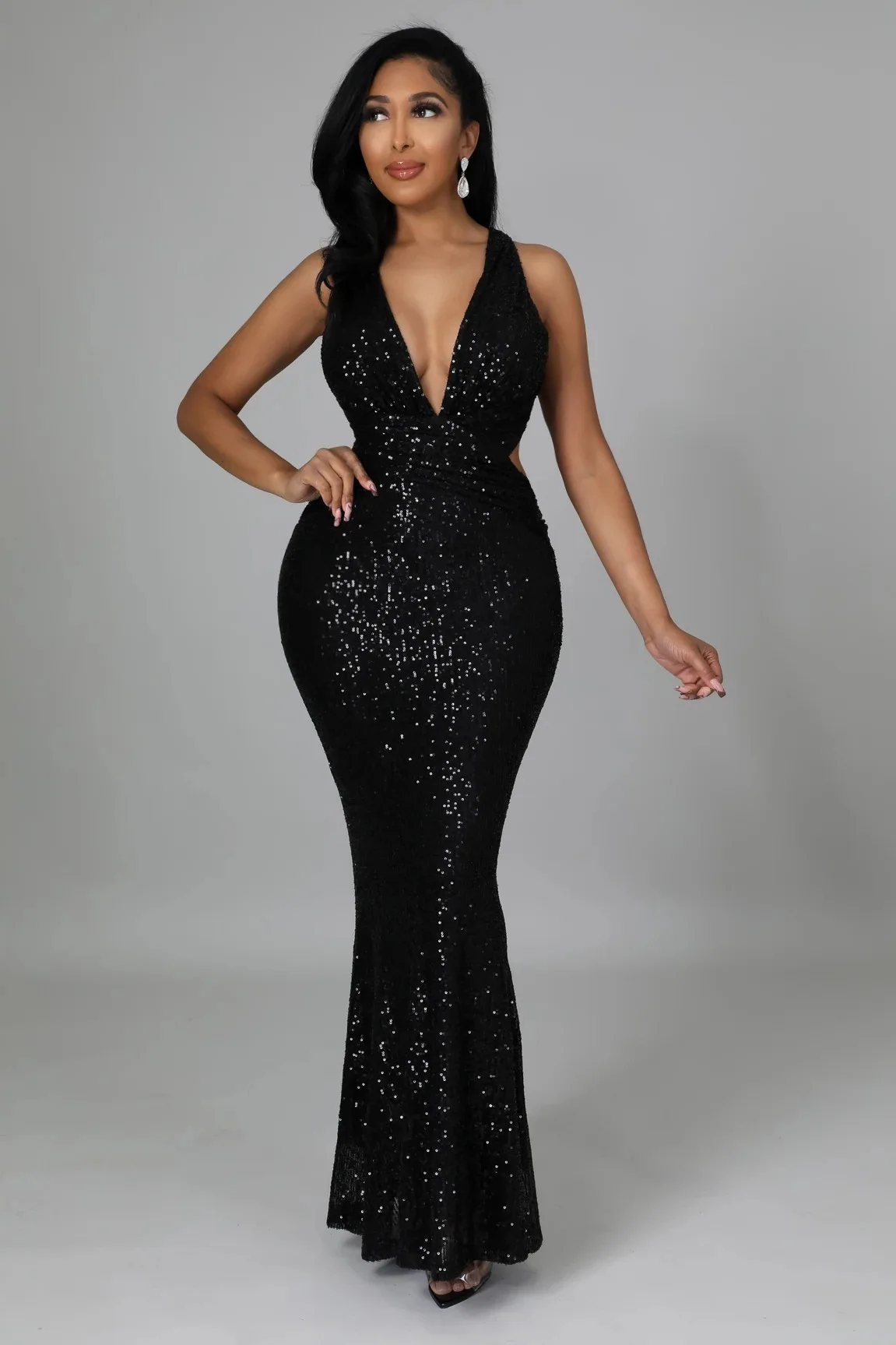 Elegant V Neck Sequin Evening Dress Long 2022 New Women Mermaid Formal Dress Party Gown Bodycon Maxi Prom Dress Bridesmaid