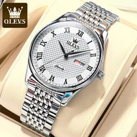 olevs quartz watch mens casual fashion stainless steel waterproof watch roman scale week calendar display luxury mens watches