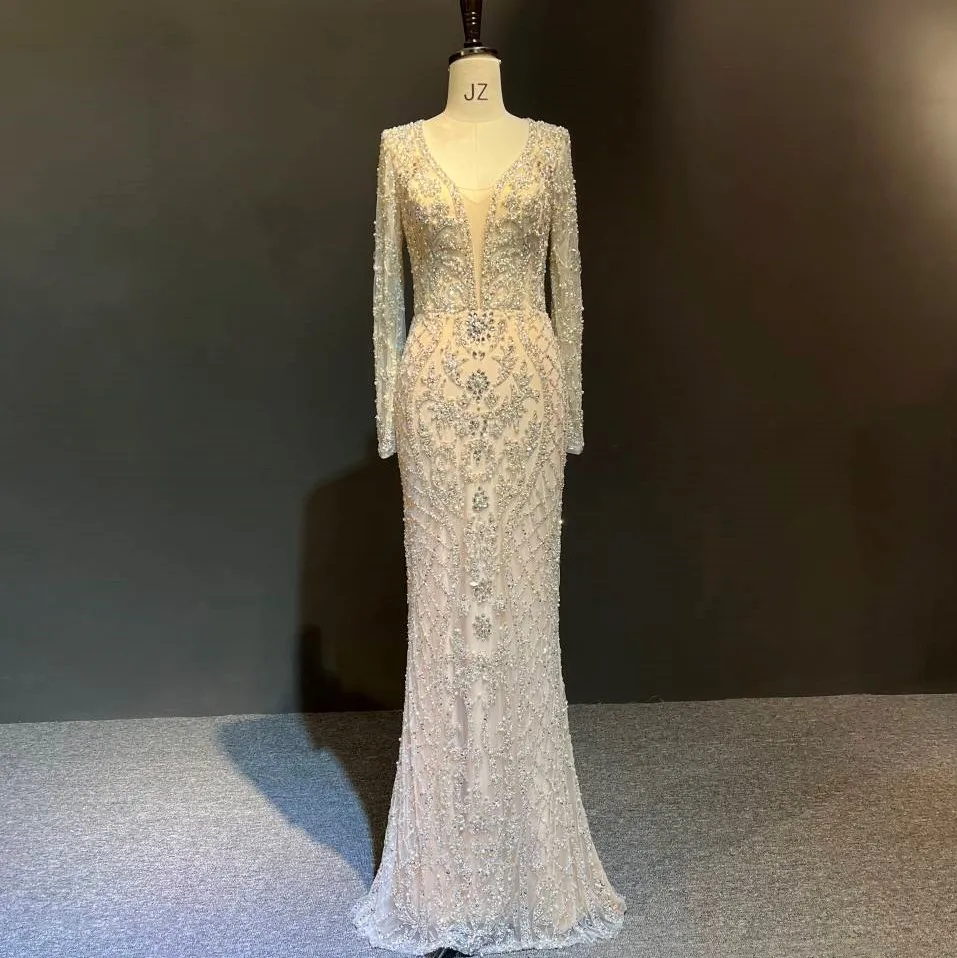 

100%Real Photos فستان سهرة Champagne Dress Silver Heavy Beads Mermaid Formal Prom Party Bridal Evening Dress vestido de noche