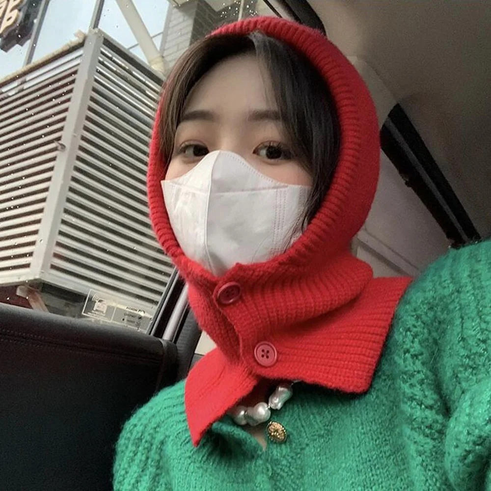 

INS Winter Womans Hats Unisex Knitted Hooded Neck Collar Cap Beanie For Men&Women Solid Color Hats шапка и шарф комплект