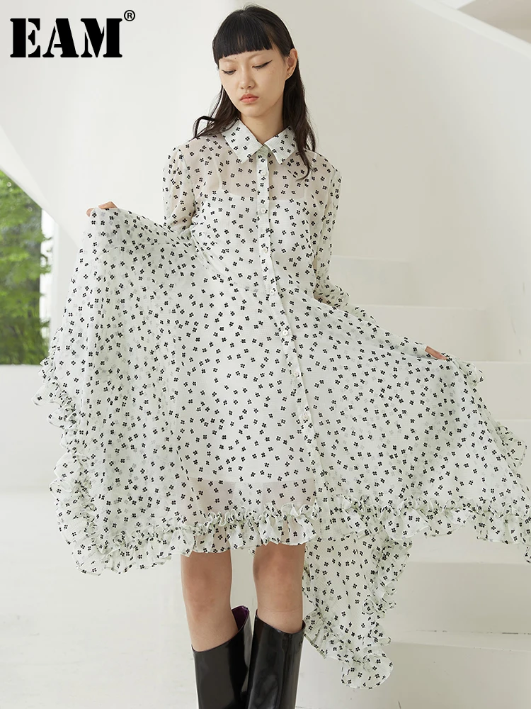 

[EAM] Women Green Dot Printed Irregular Perspective Dress New Lapel Long Sleeve Loose Fit Fashion Spring Autumn 2022 1DE2978
