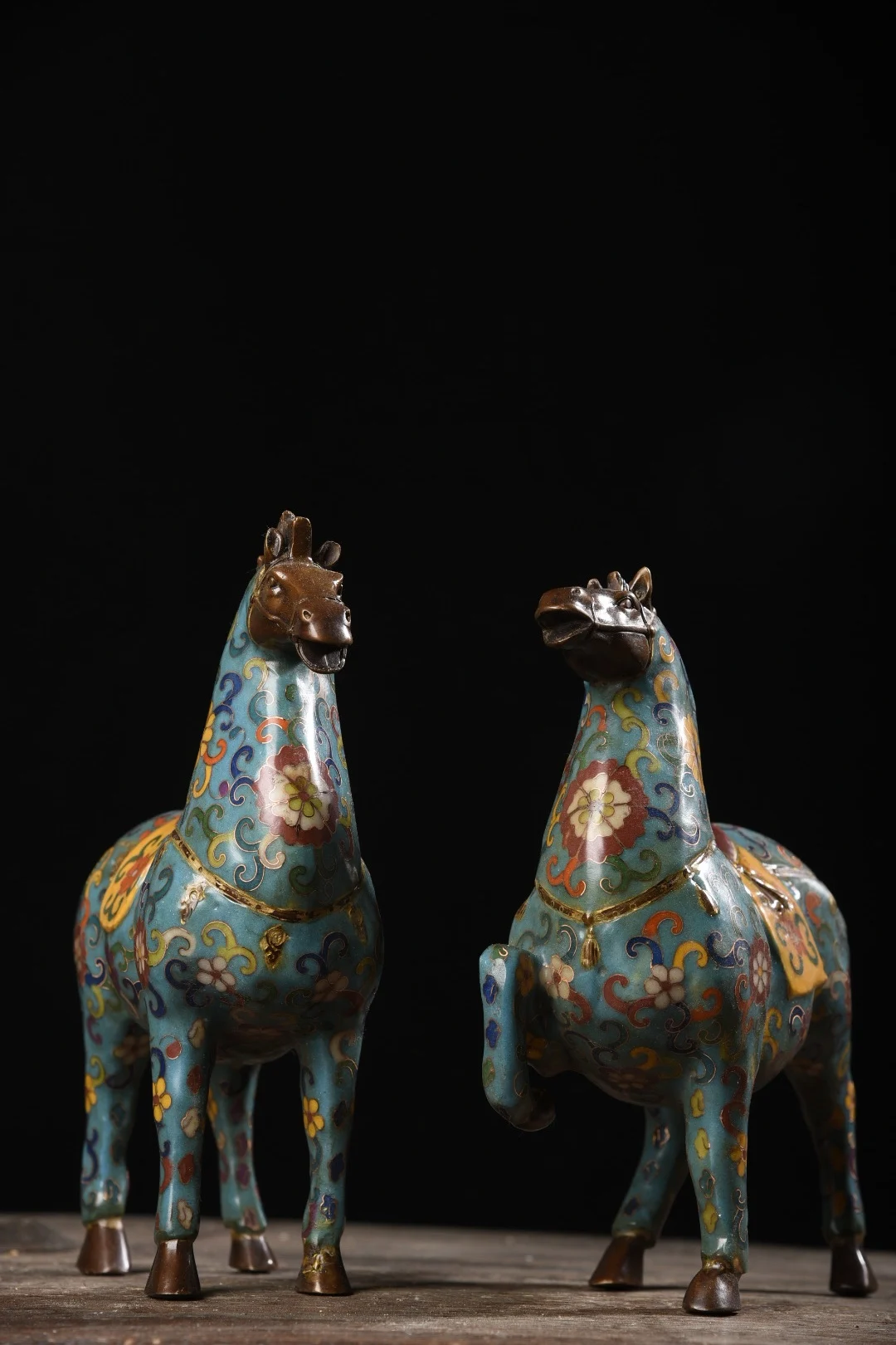 

9"Tibetan Temple Collection Old Bronze Cloisonne Enamel Horse Tang horses succeed easily A pair Amass wealth Town House Exorcism