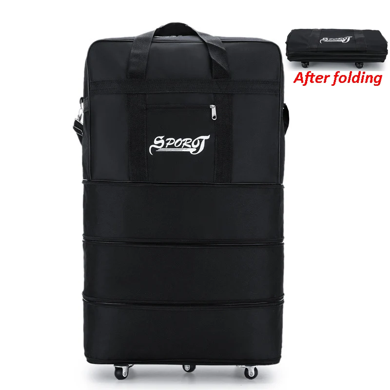 Black Rolling Luggage Suitcase With Wheels Expandable Folding Oxford Trolley Case Travel Bag Women Men Weekend Trip Pack X49C