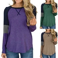 women casual patchwork loose t shirt autumn winter striped long sleeve round neck pullover tops