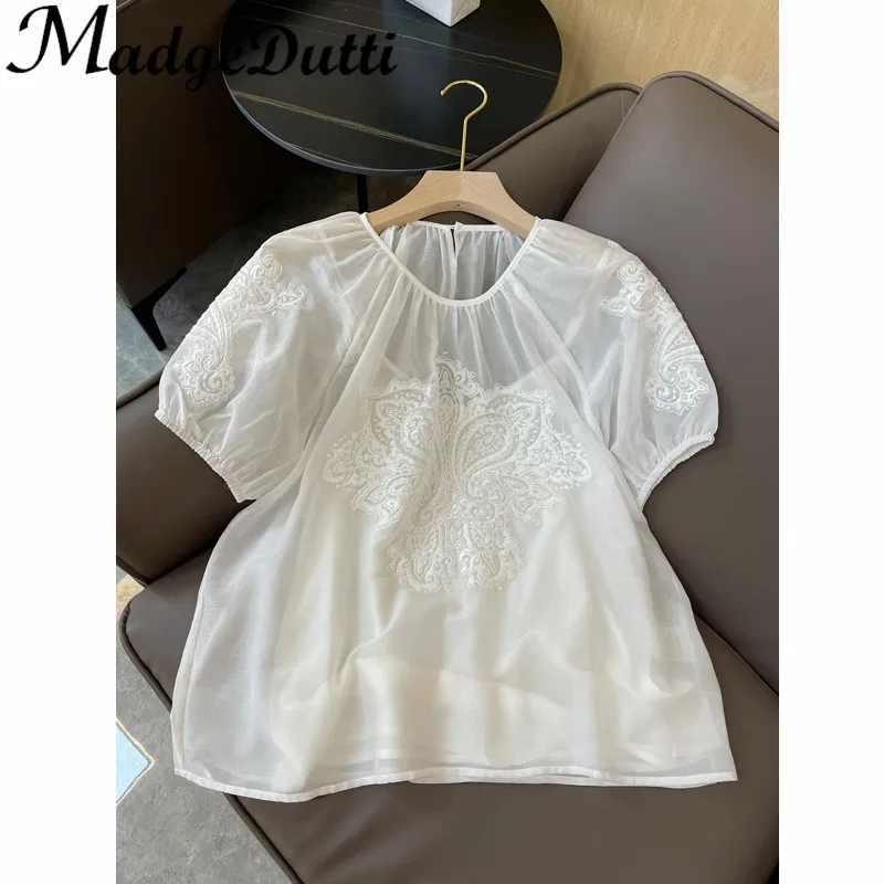 

3.29 MadgeDutti Heavy Industry Embroidered O-Neck Short Sleeve Blouse With Lining Tank Top Or Shorts Casual Holiday Set Women