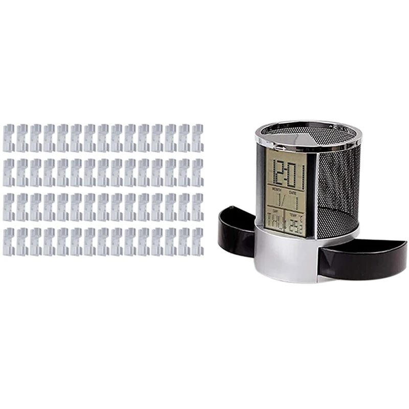 

60 Self-Adhesive Cable Organizers, Adhesive Clips, Wire Racks With LCD Desk Alarm Clock Mesh Pen Holder Calendar Timer