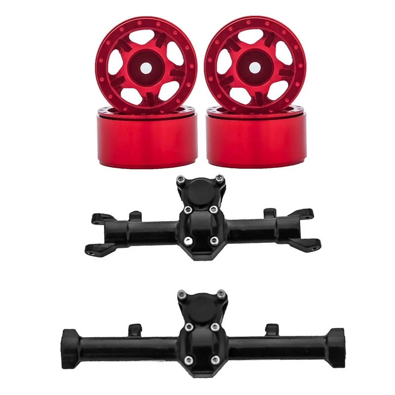 

2 Set RC Car Part: 1 Set Metal Wheel Hub Rim Red & 1 Set Metal Front Rear Axle Diff Cover Black