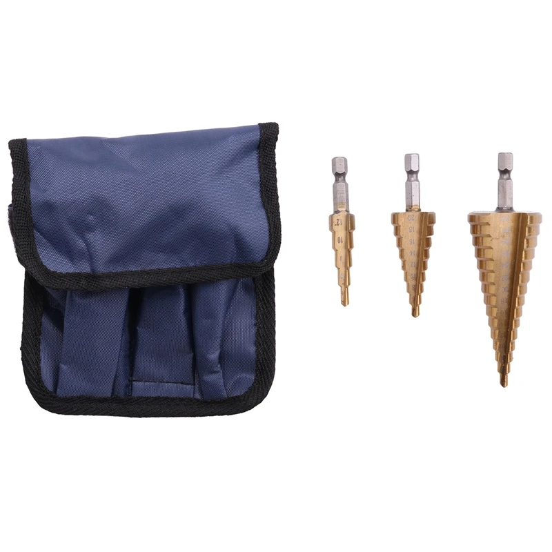 

3Pc Step Drill Bit Set Cone Hole Cutter Taper Metric 4 - 12 / 20 / 32Mm 1 / 4 Inch Titanium Coated Metal