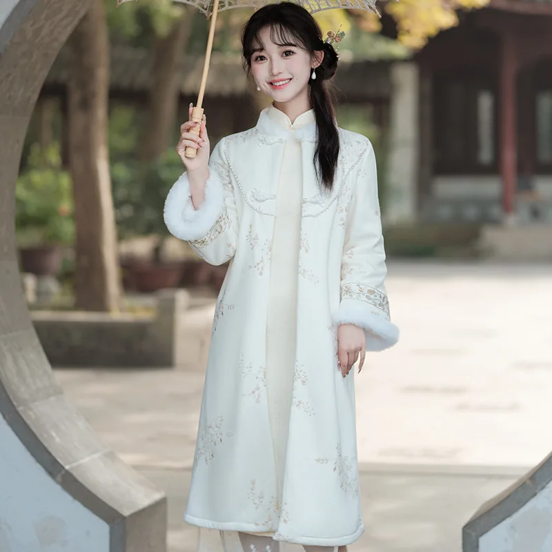 Женское Замшевое платье-Ципао с вышивкой зимнее черное длинное пальто в