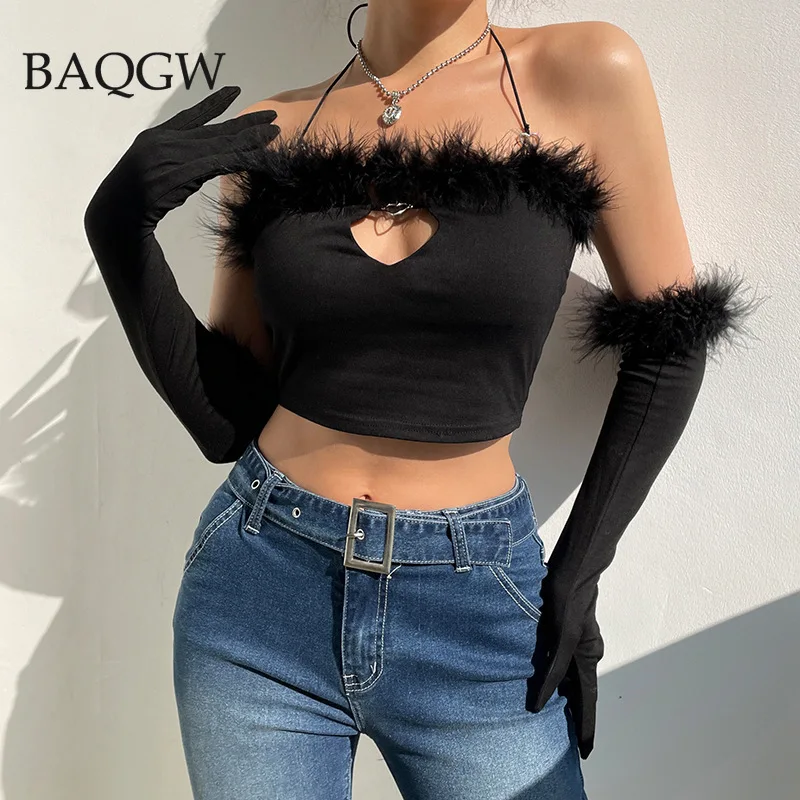 

Sexy Bust Hollow Out Slash Neck T Shirts Women Streetwear Off Shoulder Halter Tops Fur Patchwork Harajuku Tee Tops with Gloves