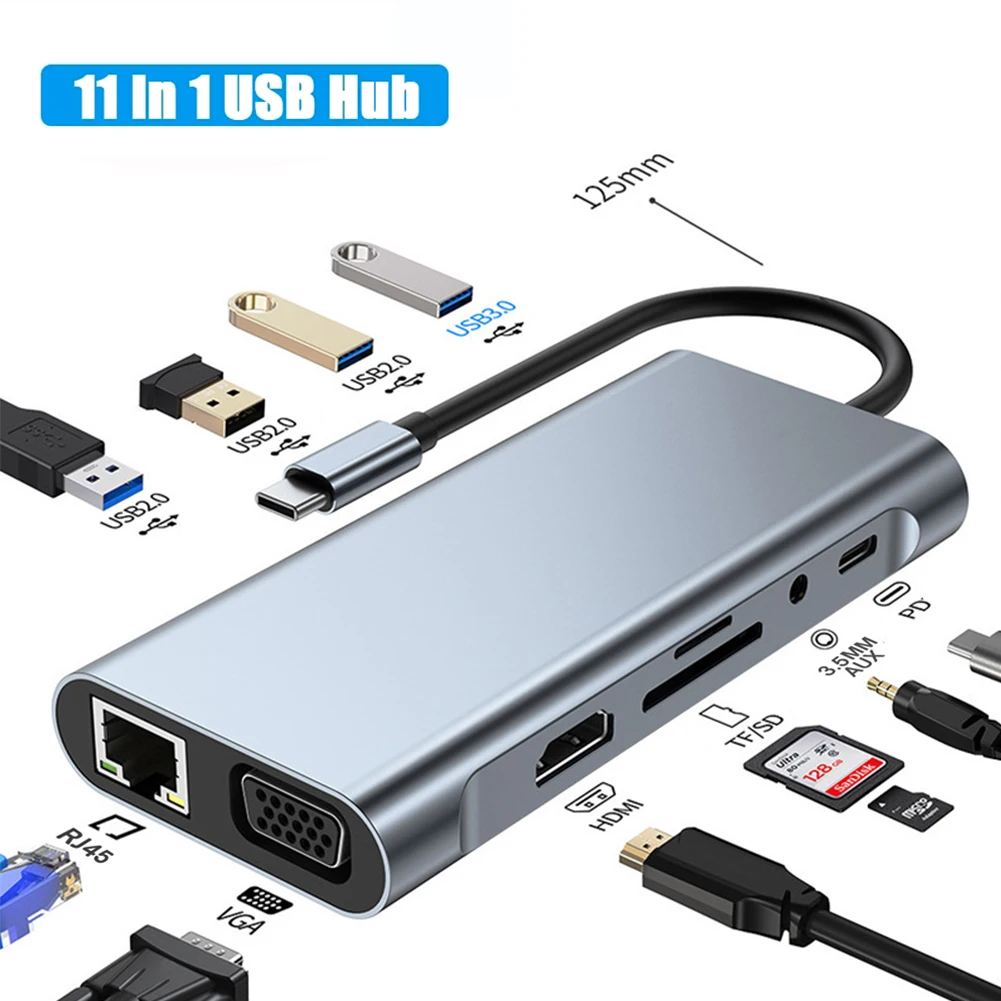 

11 in 1 USB C HUB Type C Adapter to 4K HDMI-compatible VGA RJ45 Lan SD/TF Hub 3.5MM AUX 11 Port Dock Station PC Laptop Splitter