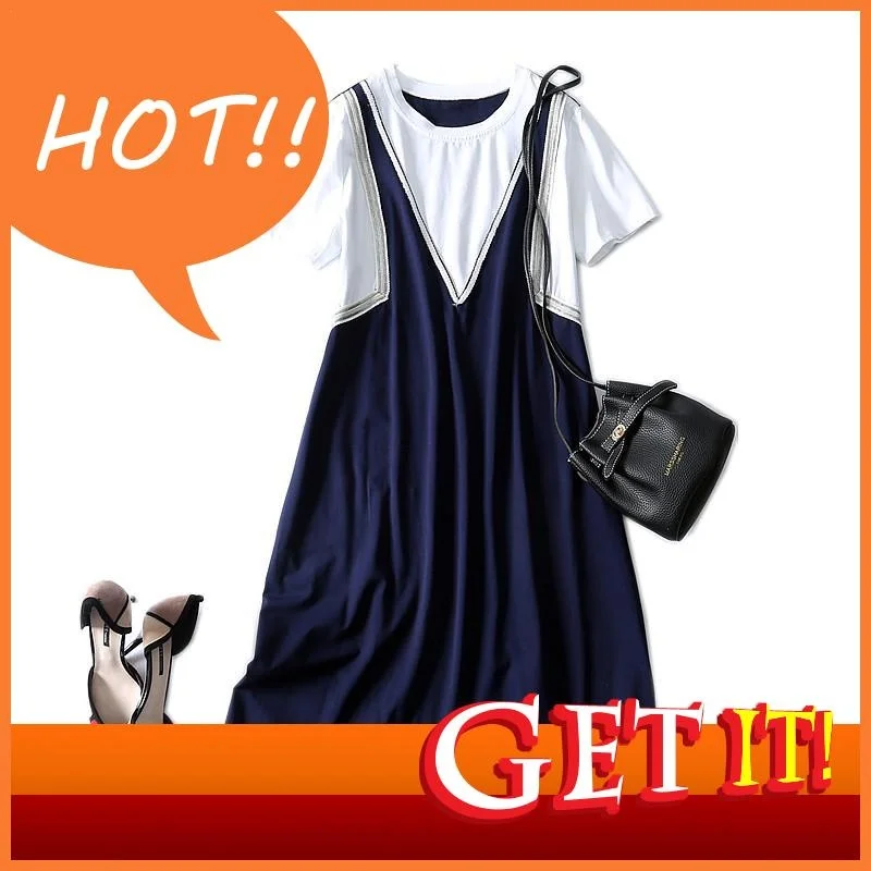 

Новинка 2023, летняя женская мода, имитация двух частей, джинсовое цветное строченное платье в Корейском стиле, эластичное Платье До Колена Для Женщин