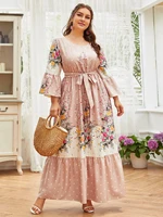 toleen plus size women clothing chic and elegant woman dress 2022 spring lady outfit floral rose printing pink dresses with belt