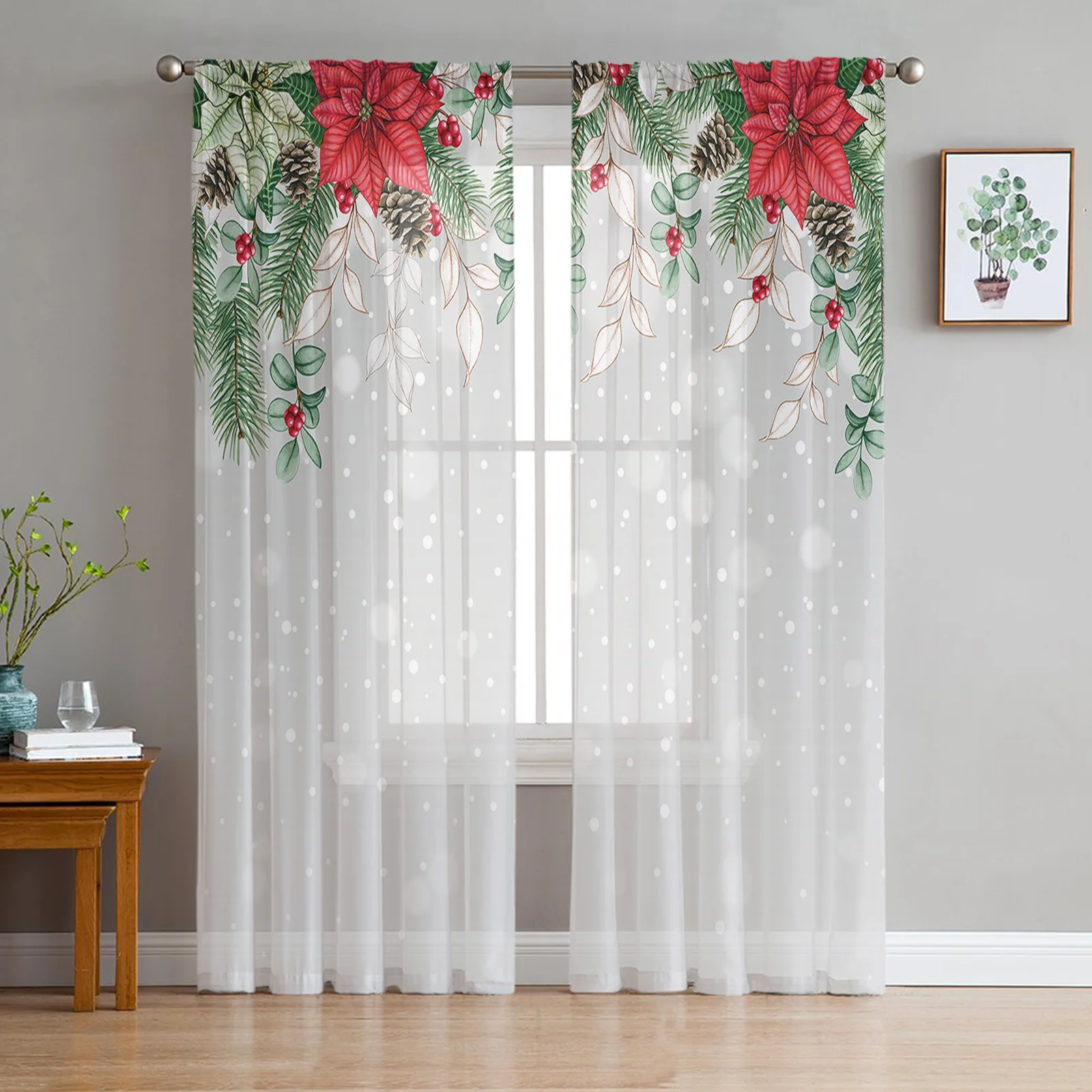 

Рождественские прозрачные шторы из шифона с ягодами елки пусеттиа, для гостиной, спальни, кухни, украшение для окна, занавески из тюля