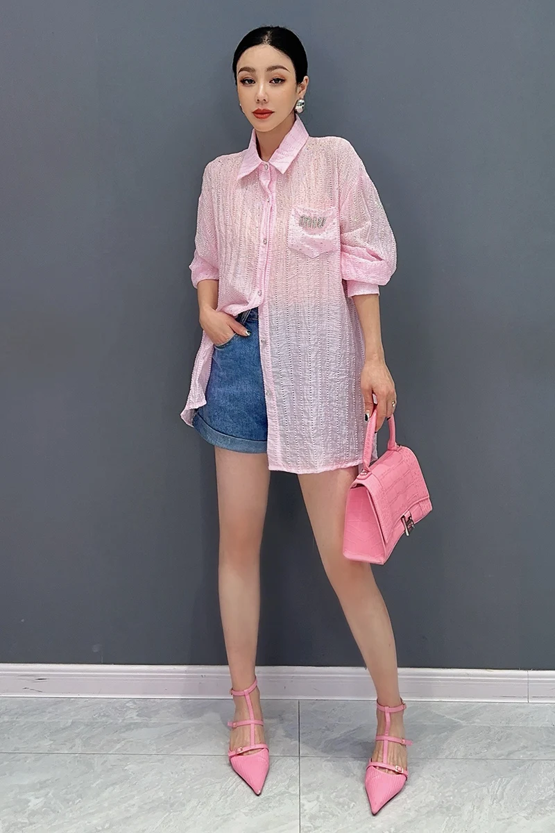 Женская рубашка с отложным воротником QING MO розовая Повседневная модная длинными