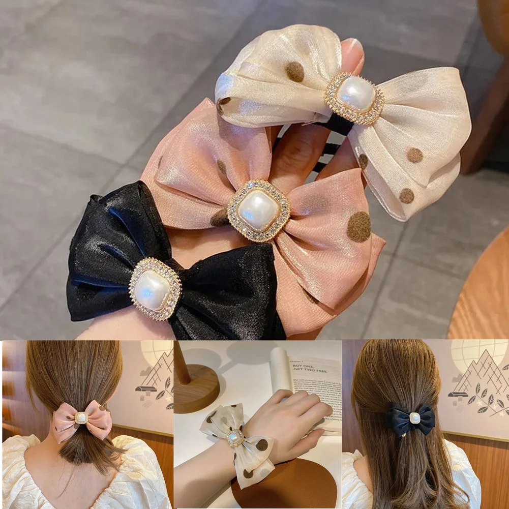 

Luxury pearl Bow Hair Ring Knotted Scrunchies Women Ponytail Hair Ties dot Rubber Band Hair Accessories