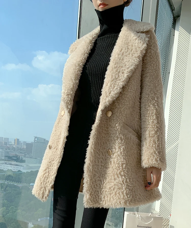 FURYOUME Winter Women Lamb Wool Shearling Coat Real Fur Coat Long Wool Jacket Thick Warm Streetwear Turn-down Collar Overcoat