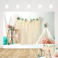 mehofond photography background white wall boho camp tent flower grass girl baby birthday party portrait backdrop photo studio