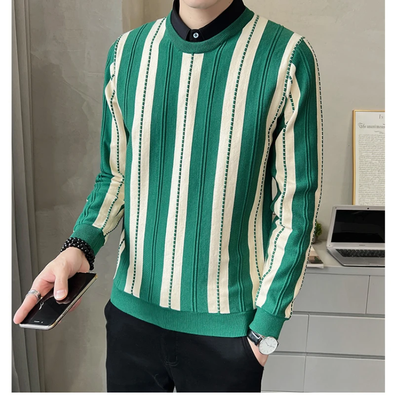 Shirt Sleeve Fake Two Sweaters/ Brand New Men Autumn Winter Vertical Stripes Slimming Business Casual Korean Lapel Knit Pullover