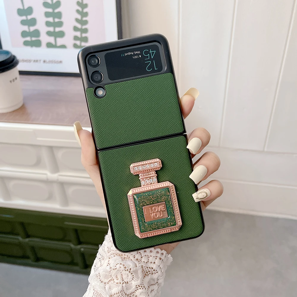 

Luxury Bling Rhinestone Glitter Powder Perfume Bottle Mirror Bracket Phone Case for Samsung Galaxy Z Flip 3 4 5G Woman Cover