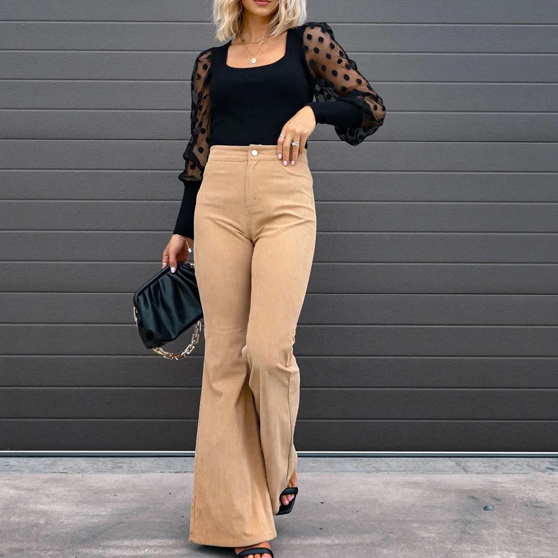 

Casual Solid Color Flare Pants Autumn Winter Fashion Corduroy Pants Women Elegant Office Lady Long Button Fly Trousers 24341