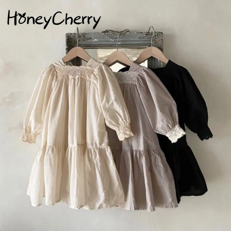 

HoneyCherry Girls Lace Square Neck Dress Fall Puff Sleeve Princess Dress Flower Girl Dresses