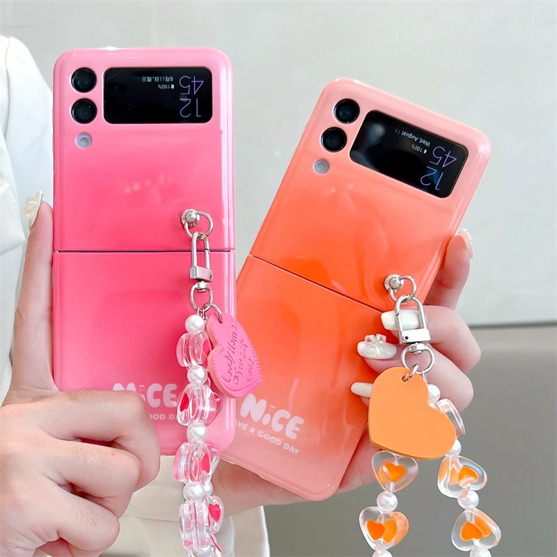 Color Gradient Cute Heart Chain Phone Case For Samsung Galaxy Z Flip 4 3 Cover Silicone Cases For Z Flip3 Flip4 ZFlip4 5G Funda