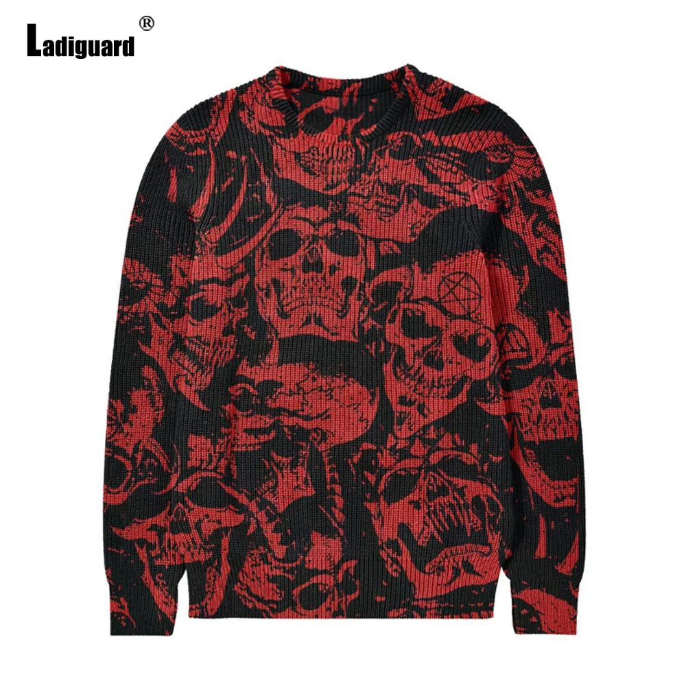 Ladiguard Men Retro Knitted Sweater O-Neck Vintage Jumpers 2023 Halloween Skull Print Top Pullovers Mens Gothic Fashion Sweater