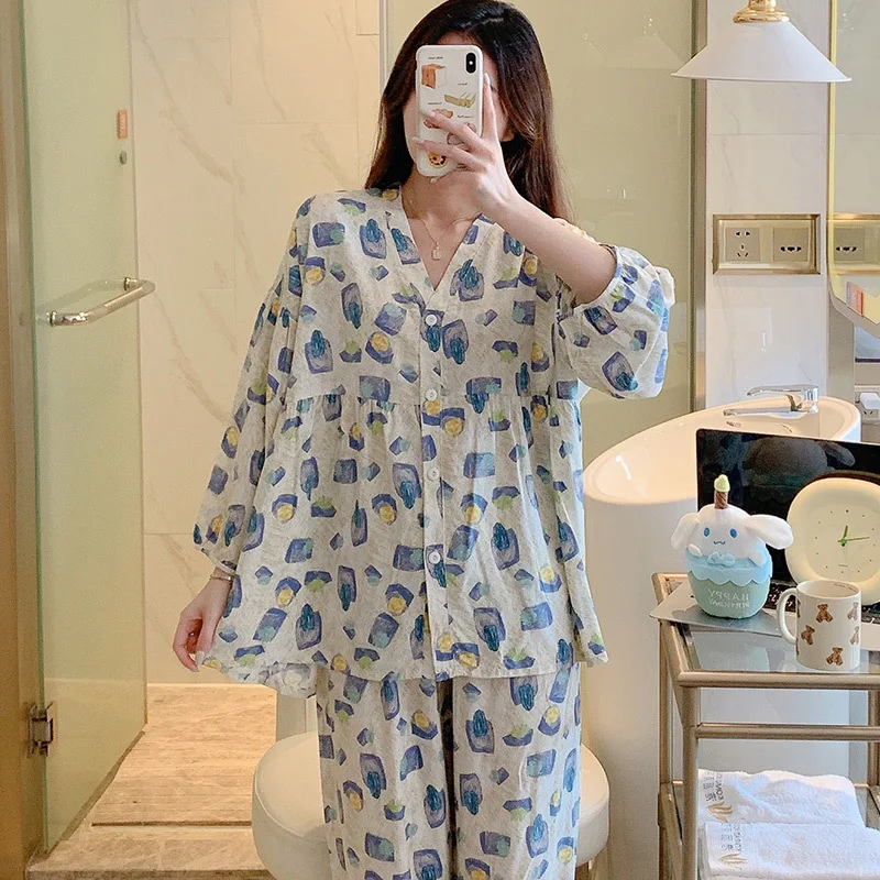 Summer Spring Japanese Sleepwear Long-sleeved Cotton Silk Pajamas Suit Thin Casual Home Wear Women Girls Large Size Pajama Sets