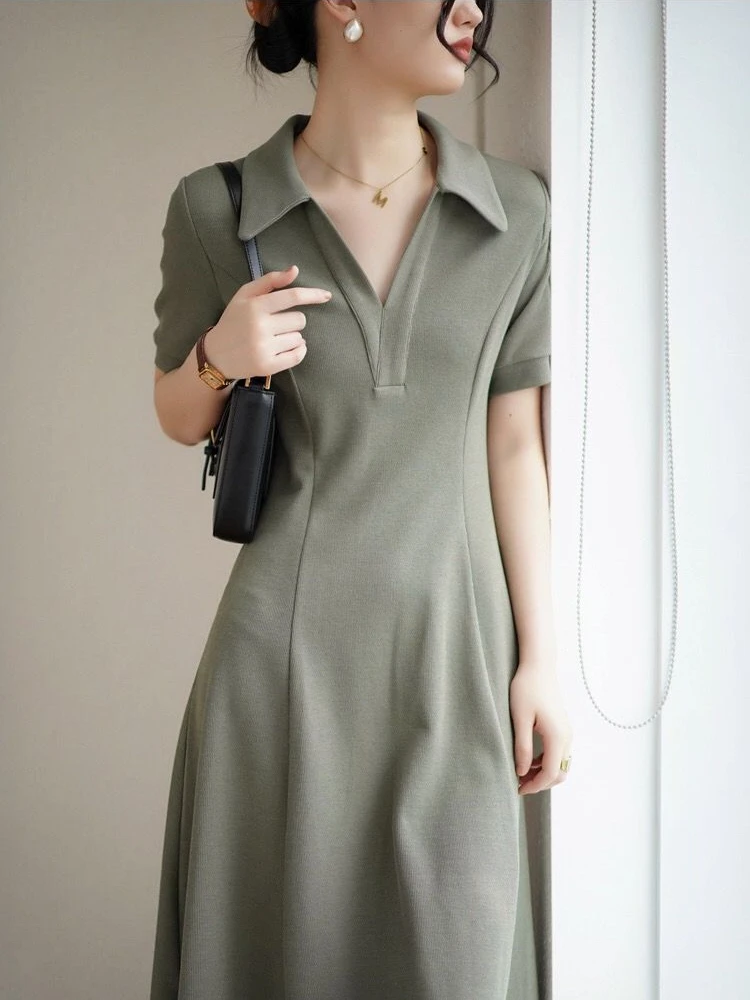 

Летнее женское однотонное платье-поло с коротким рукавом, повседневная одежда, тонкий пуловер, платье трапециевидной формы, женское платье из вискозы до середины икры