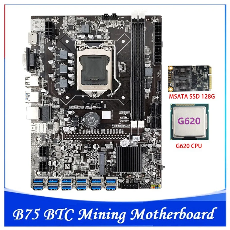 

B75 ETH Mining Motherboard LGA1155 12XPCIE To USB Adapter+G620 CPU+MSATA SSD 128G B75 BTC Miner Motherboard