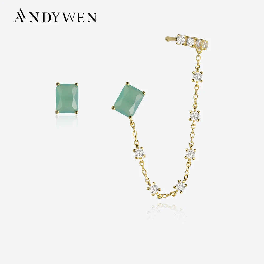 

ANDYWEN 925 2022 Sterling Silver Big CZ Tourmaline Stud Long Chain Earring Cuff Women Clips Long CZ Drop Luxury Fine Jewelry Gif