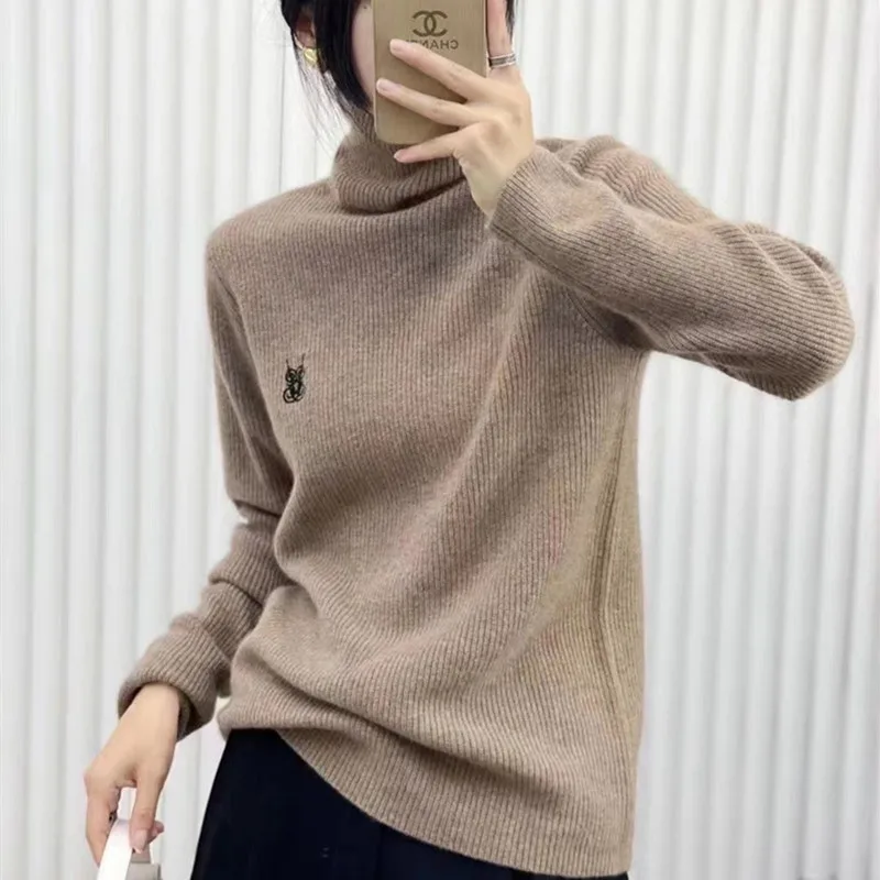 

Женский вязаный свитер с высоким воротником, Свободный пуловер с длинным рукавом и вышивкой, Осень-Зима 100%