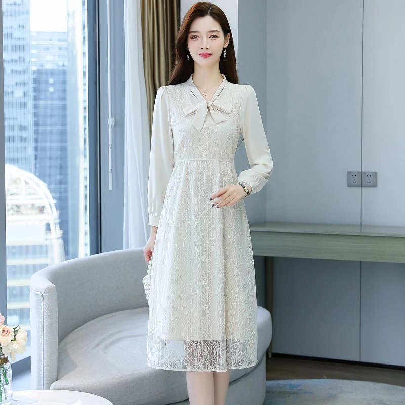 

2022 New Spring Elegant Lace Midi Dress for Women Clothing Vintage Long-sleeve Bodycon Long Dress Fashion Evening Party Vestidos