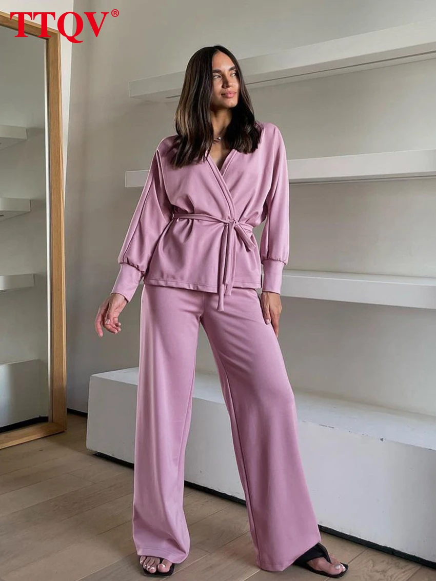 

Комплект одежды TTQV женский из 2 предметов, элегантная Однотонная рубашка с длинным рукавом и V-образным вырезом, на шнуровке и свободные брюк...