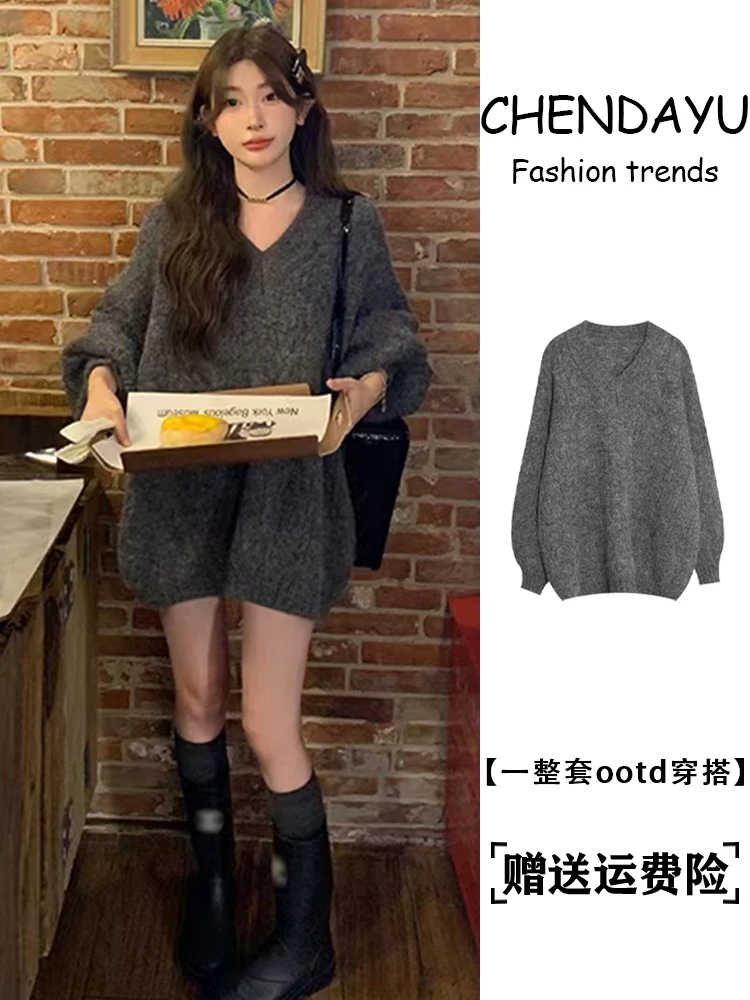 Chen Dayu Lantern Sleeve Sweater Women Autumn and Winter Mid-Length Loose Lazy Thickened V-neck Twist Knitted Pullover Top