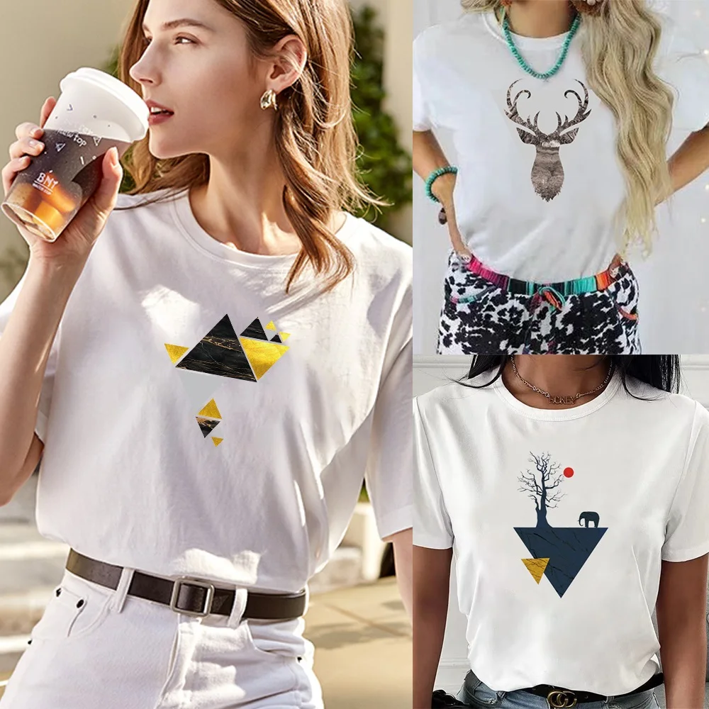 

T Shirt Shape Print 2022 Summer Short Sleeve Casual Top Women Slim T Shirt Harajuku Fashion O-neck Clothes Streetwear Pullover