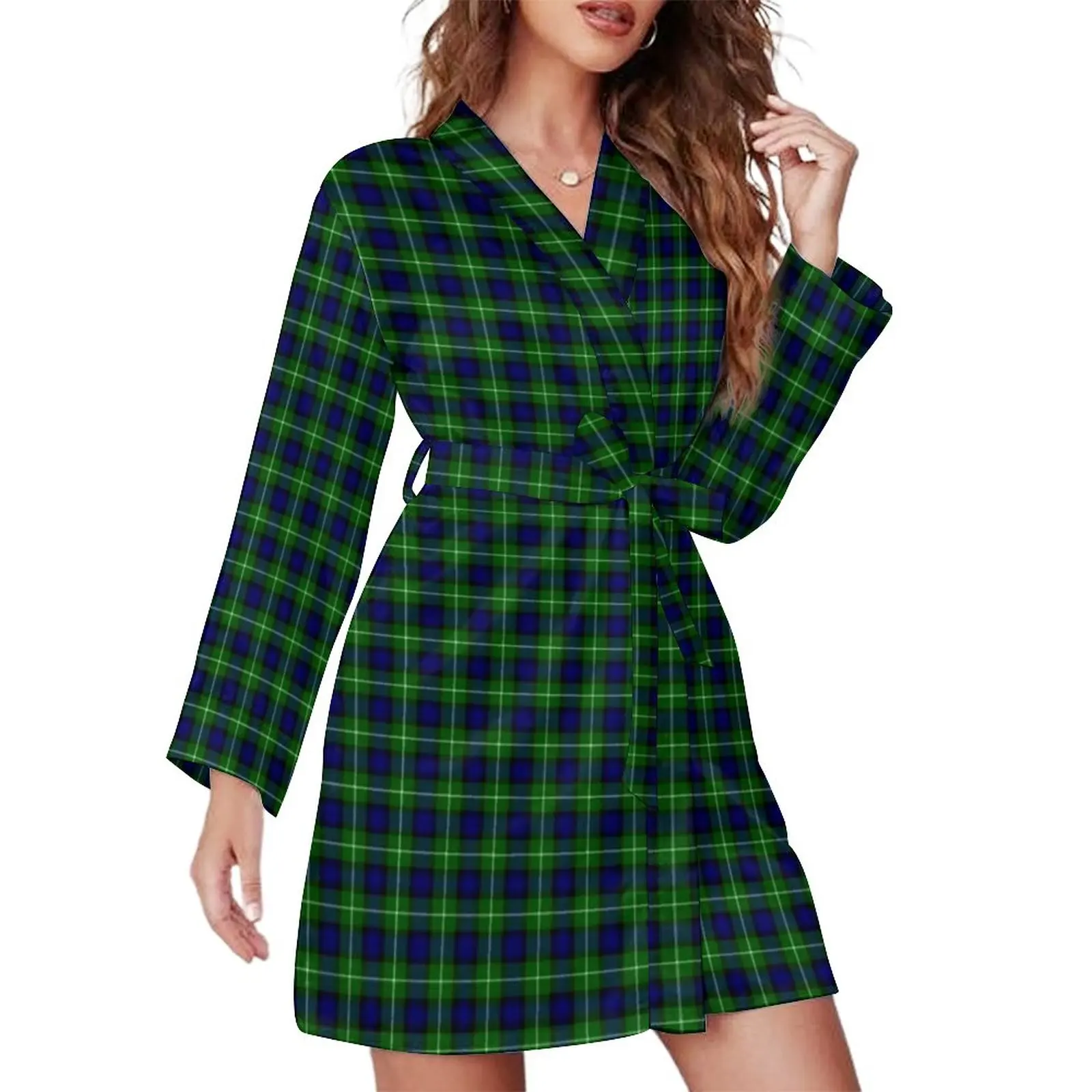 

Blue Green Plaid Pajama Robe Lamont Tartan Vintage Long Sleeve Trendy Pajamas Robes Women V Neck Casual Sleepwea Graphic Dress