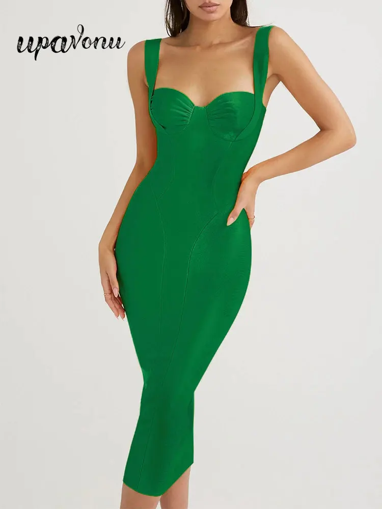 

Elegant Women Green Bandage Dress 2022 Summer Watch Band Sleeveless Bodycon Backless Midi Dress Celebrity Evening Party Vestidos