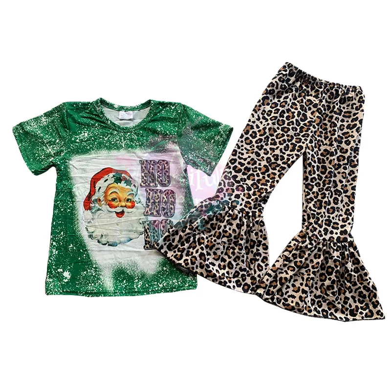 

Christmas Kids Clothes Short Sleeve Set Santa Claus Pattern T-Shirt and Leopard Flared Bell Bottom Pants Baby Clothing Boutique