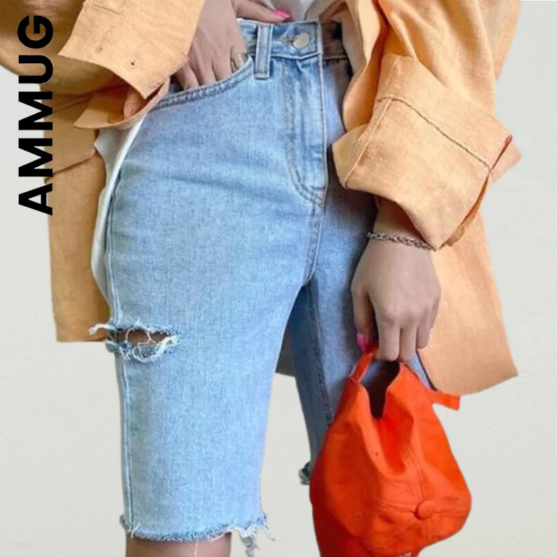 

Ammug Women New Shorts Pants Casual Slim Pant Shorts High Waist Riped Button Up Female Denim Shorts Jeans All-Match Quality