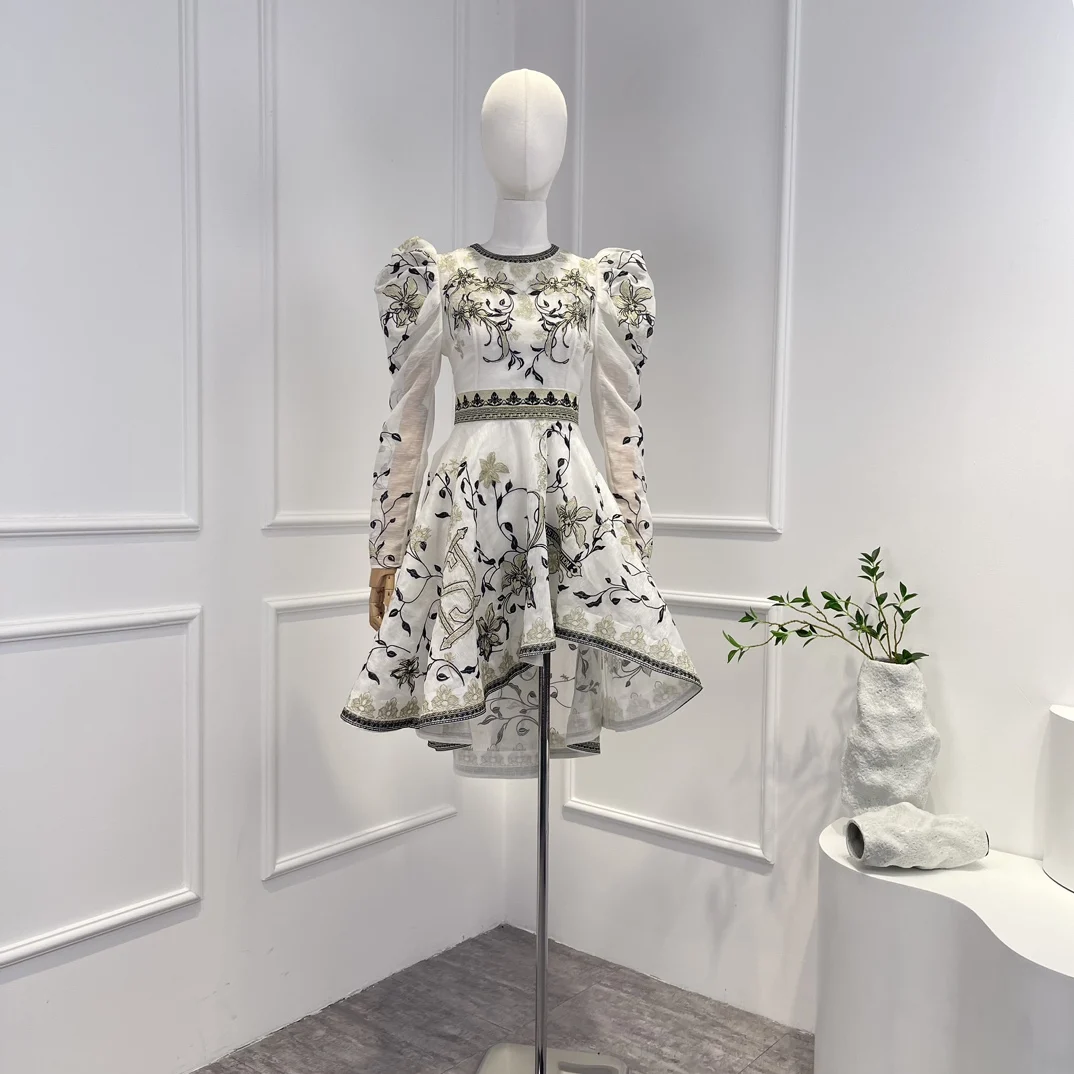 

Женское платье-мини из шелка и льна, винтажное изящное платье с длинными рукавами и цветочной вышивкой, роскошное платье для отдыха, 2023