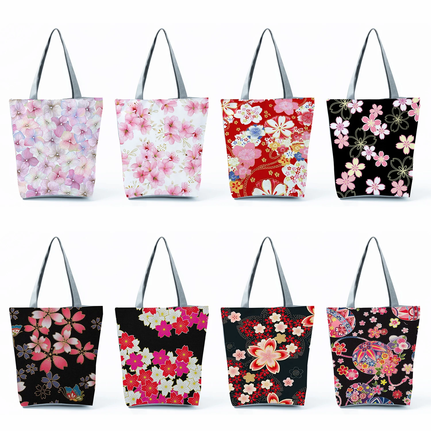 

Colorful Floral Pattern Designer Logo Shopping Bags Custom Eco Reusable Pretty Cherry Printed Blossom Handbag Women Shoulder Bag
