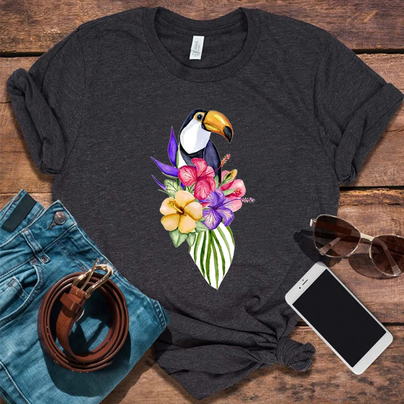 

Женские футболки с цветочным принтом, одежда с изображением птиц и цветов, Пляжная футболка для отпуска, тропические женские футболки с гра...