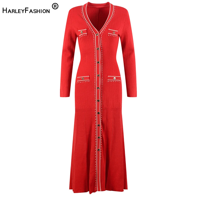 HarleyFashion New French Style V-neck Red Cardigan Elastic Midi Long Knitted Dress